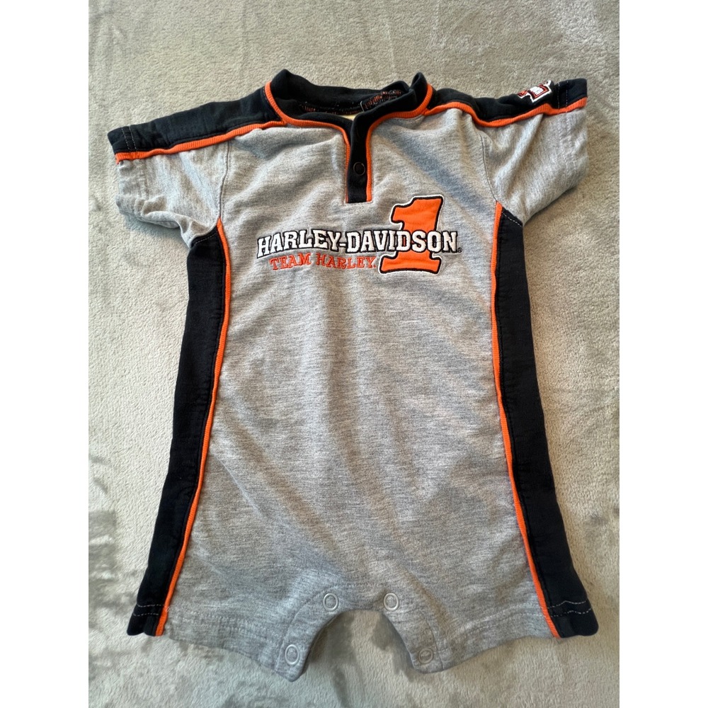 Harley Davidson Romper Kids 12M Gray Team Harley #1 Logo Short Sleeve Snaps
